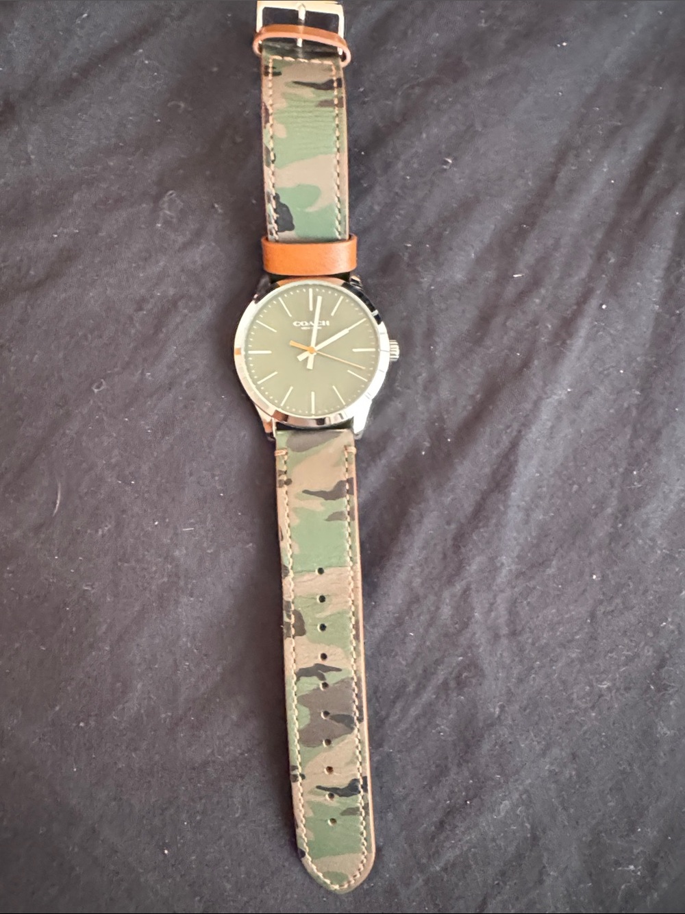 Coach Men's Watch with Green Camo Leather Strap and Silver Case